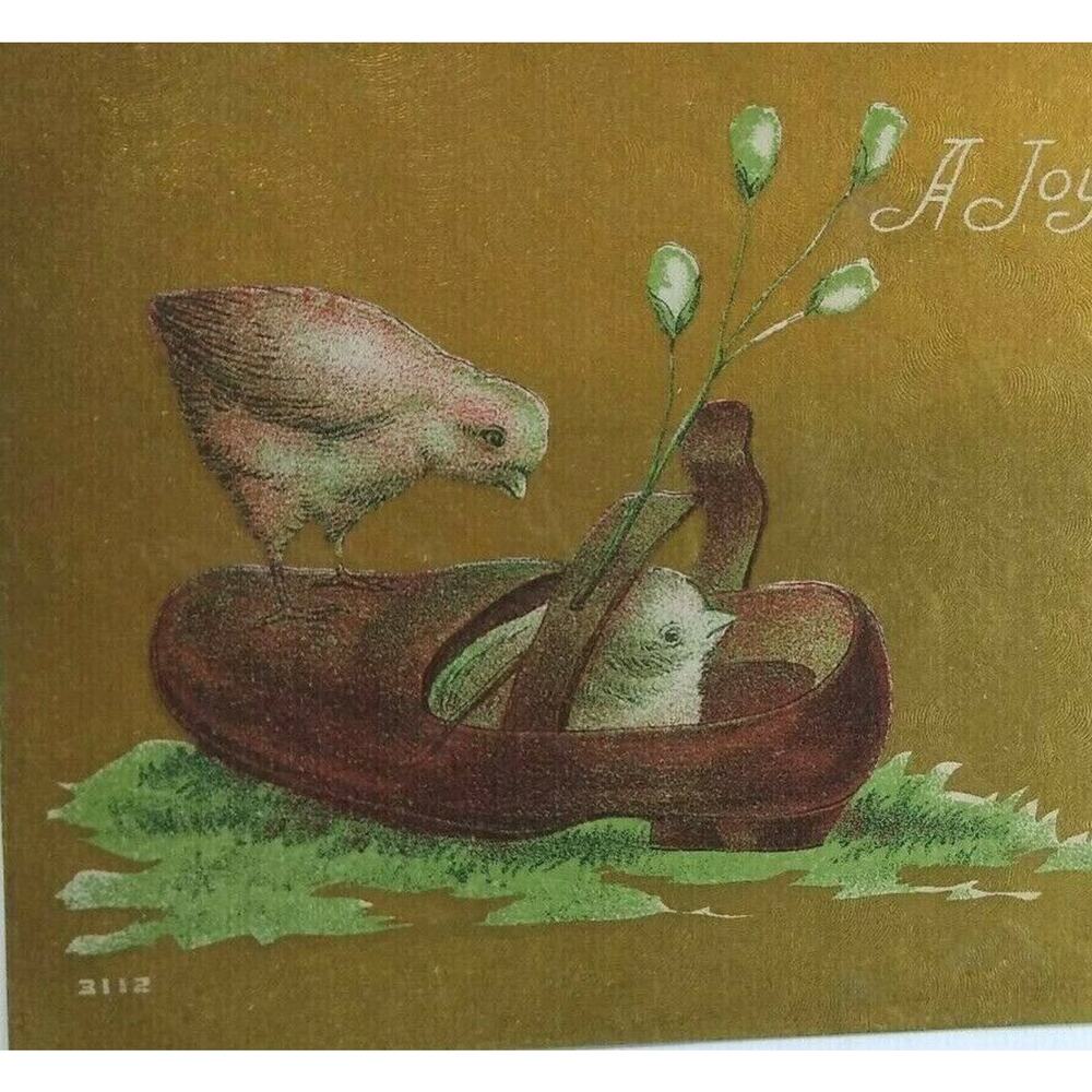 Easter Postcard Vintage Baby Chicks Inside Shoe Original Vintage Gold Linen